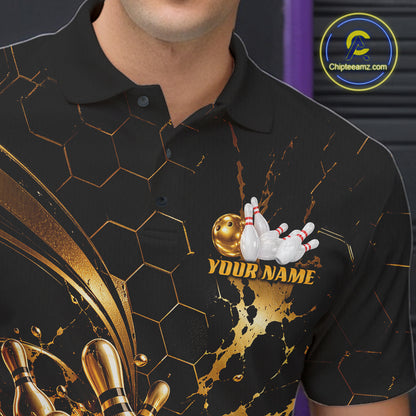 Custom Black And Gold Hexagon Bowling Team Men Polo, Honeycomb Bowling Shirt IPHW12826