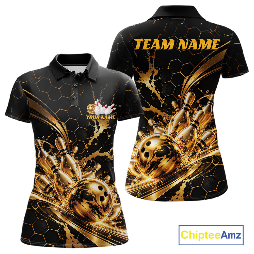 Custom Black And Gold Hexagon Bowling Team Women Polo, Honeycomb Bowling Shirt IPHW12826