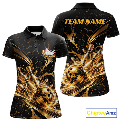 Custom Black And Gold Hexagon Bowling Team Women Polo, Honeycomb Bowling Shirt IPHW12826
