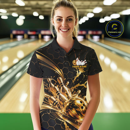 Custom Black And Gold Hexagon Bowling Team Women Polo, Honeycomb Bowling Shirt IPHW12826