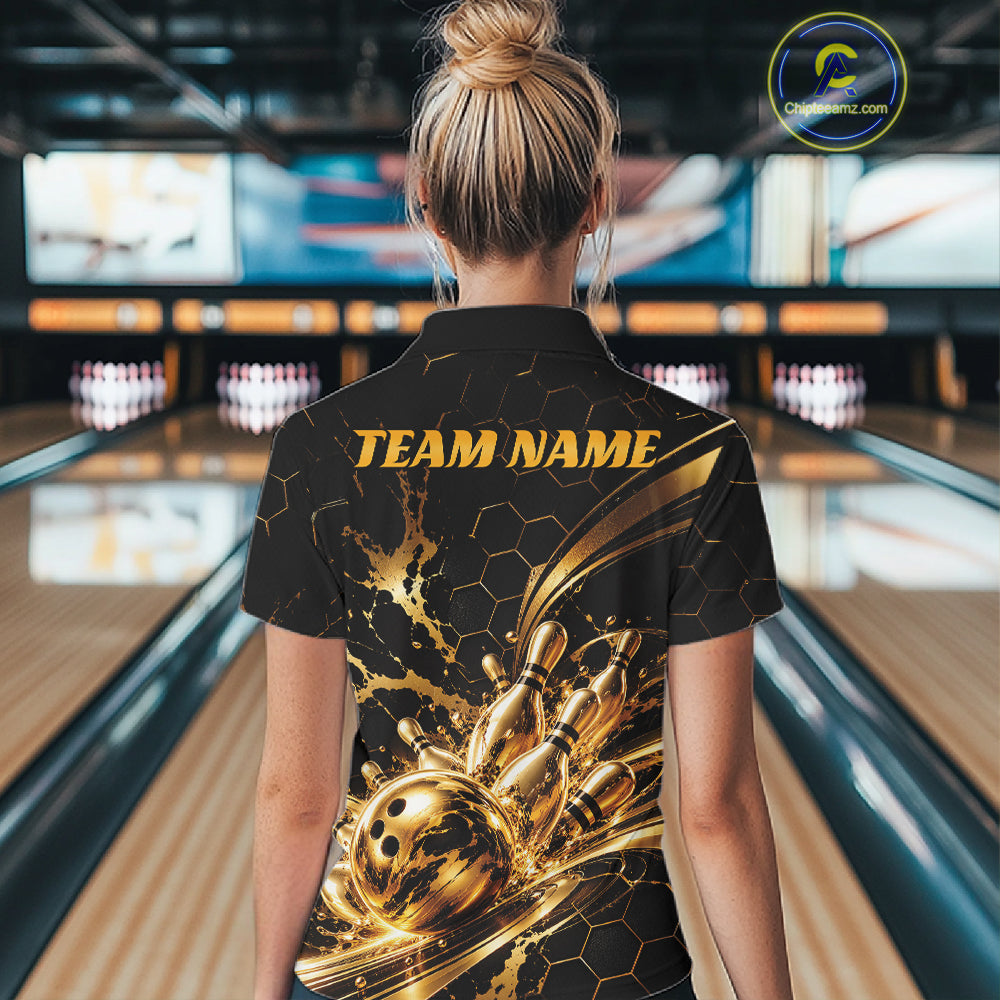 Custom Black And Gold Hexagon Bowling Team Women Polo, Honeycomb Bowling Shirt IPHW12826