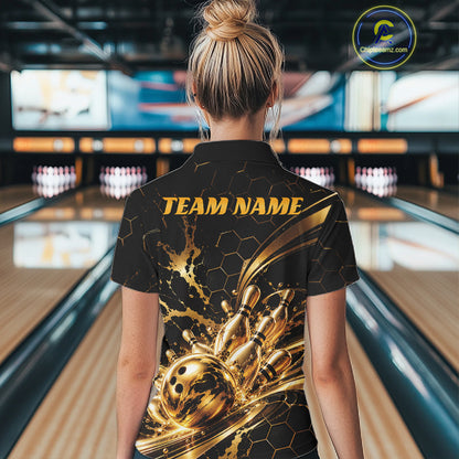 Custom Black And Gold Hexagon Bowling Team Women Polo, Honeycomb Bowling Shirt IPHW12826