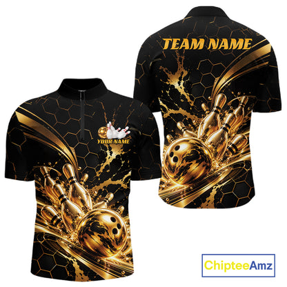 Custom Black And Gold Hexagon Bowling Team Men Quarter Zip, Honeycomb Bowling Shirt IPHW12826