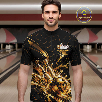Custom Black And Gold Hexagon Bowling Team Men Quarter Zip, Honeycomb Bowling Shirt IPHW12826