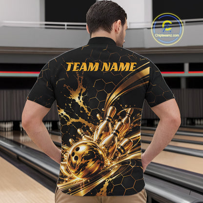 Custom Black And Gold Hexagon Bowling Team Men Quarter Zip, Honeycomb Bowling Shirt IPHW12826