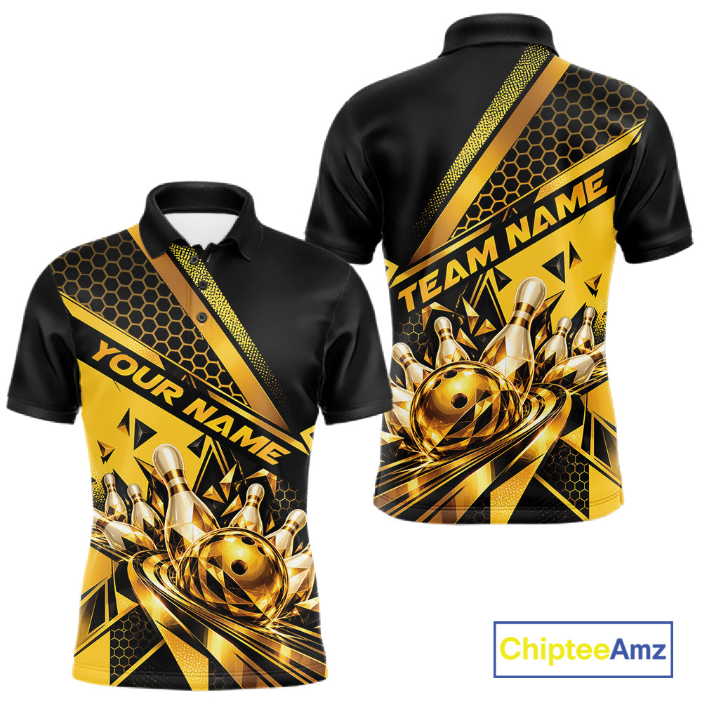 Custom Black And Gold Geometric Bowling Men Polo Shirt, Team Tournament Jersey IPHW12827