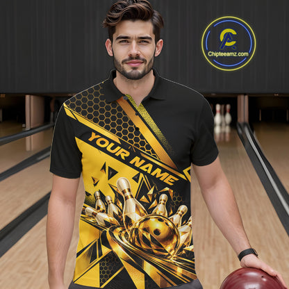 Custom Black And Gold Geometric Bowling Men Polo Shirt, Team Tournament Jersey IPHW12827