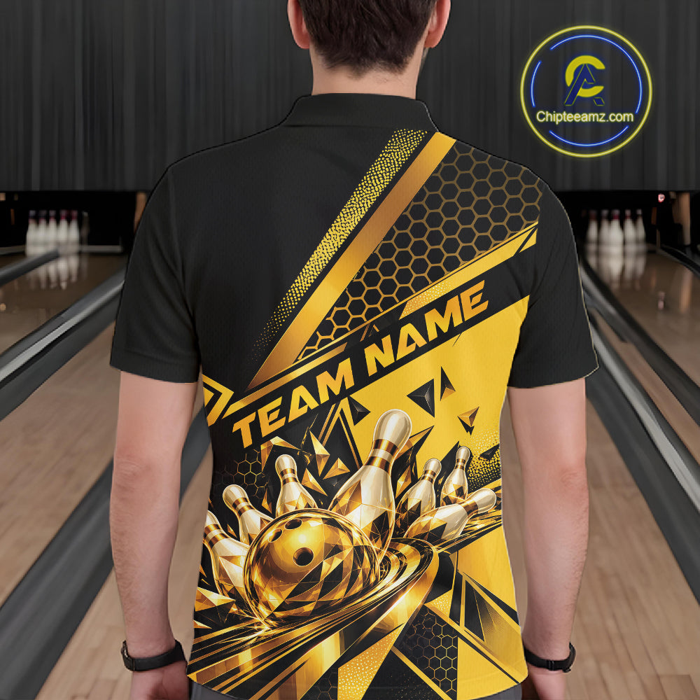 Custom Black And Gold Geometric Bowling Men Polo Shirt, Team Tournament Jersey IPHW12827