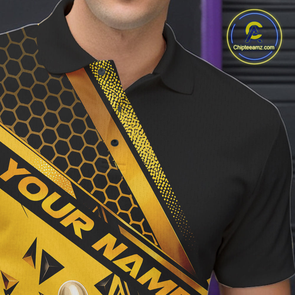 Custom Black And Gold Geometric Bowling Men Polo Shirt, Team Tournament Jersey IPHW12827