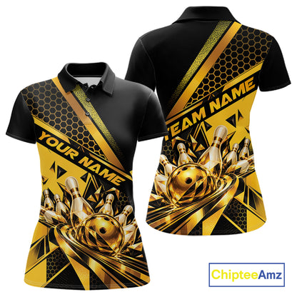 Custom Black And Gold Geometric Bowling Women Polo Shirt, Team Tournament Jersey IPHW12827