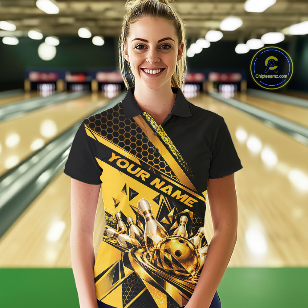 Custom Black And Gold Geometric Bowling Women Polo Shirt, Team Tournament Jersey IPHW12827