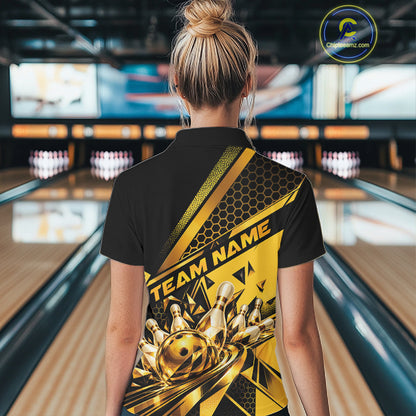 Custom Black And Gold Geometric Bowling Women Polo Shirt, Team Tournament Jersey IPHW12827