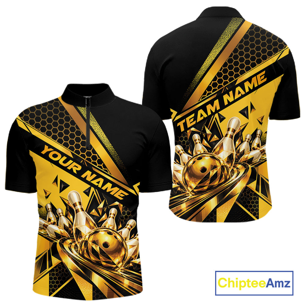 Custom Black And Gold Geometric Bowling Men Quarter Zip Shirt, Team Tournament Jersey IPHW12827