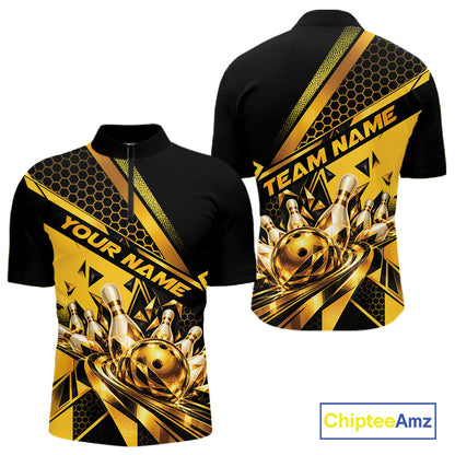 Custom Black And Gold Geometric Bowling Men Quarter Zip Shirt, Team Tournament Jersey IPHW12827