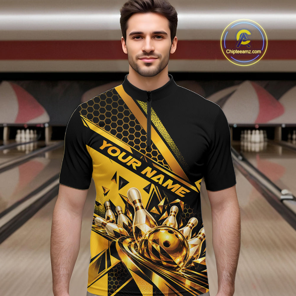 Custom Black And Gold Geometric Bowling Men Quarter Zip Shirt, Team Tournament Jersey IPHW12827