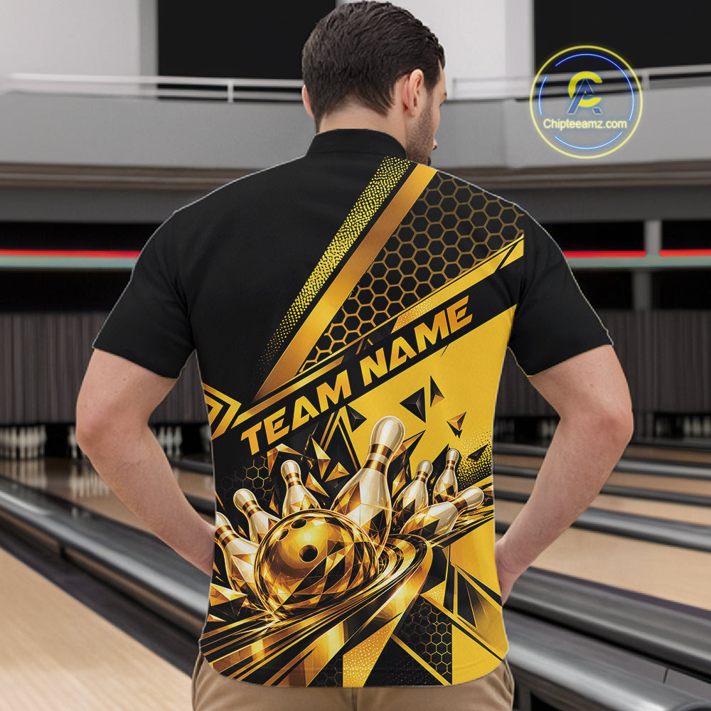 Custom Black And Gold Geometric Bowling Men Quarter Zip Shirt, Team Tournament Jersey IPHW12827