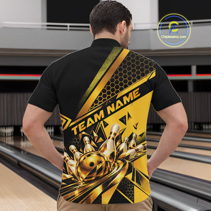 Custom Black And Gold Geometric Bowling Men Quarter Zip Shirt, Team Tournament Jersey IPHW12827