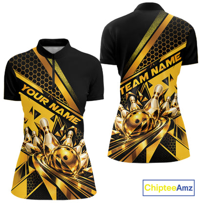 Custom Black And Gold Geometric Bowling Women Quarter-Zip Shirt, Team Tournament Jersey IPHW12827