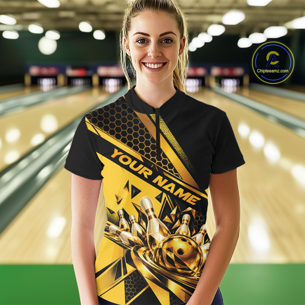 Custom Black And Gold Geometric Bowling Women Quarter-Zip Shirt, Team Tournament Jersey IPHW12827