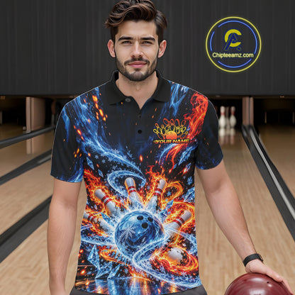 Custom Ice And Fire Bowling Men Polo Shirt, Bowling Team Tournament Outfit IPHW12836