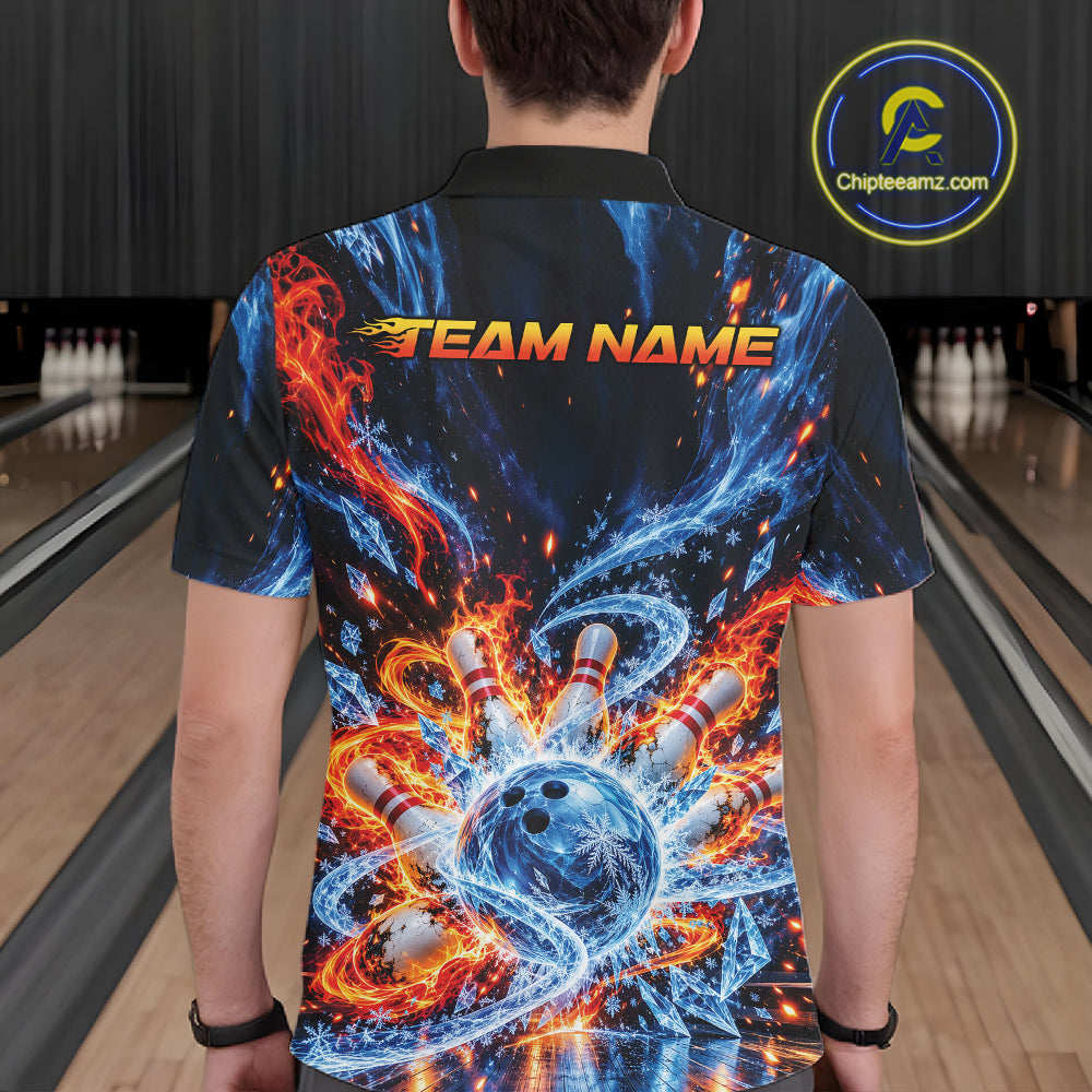 Custom Ice And Fire Bowling Men Polo Shirt, Bowling Team Tournament Outfit IPHW12836