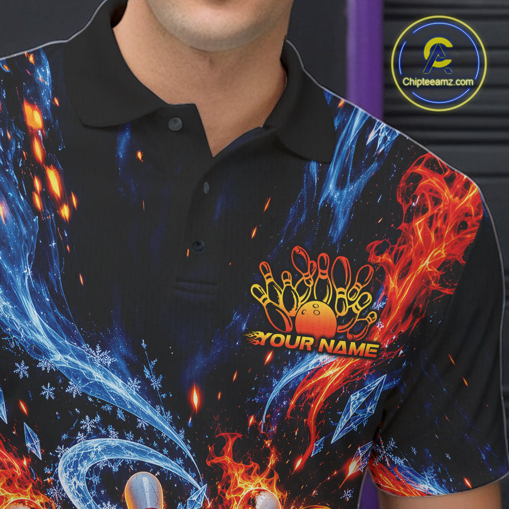 Custom Ice And Fire Bowling Men Polo Shirt, Bowling Team Tournament Outfit IPHW12836