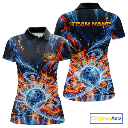Custom Ice And Fire Bowling Women Polo Shirt, Bowling Team Tournament Outfit IPHW12836