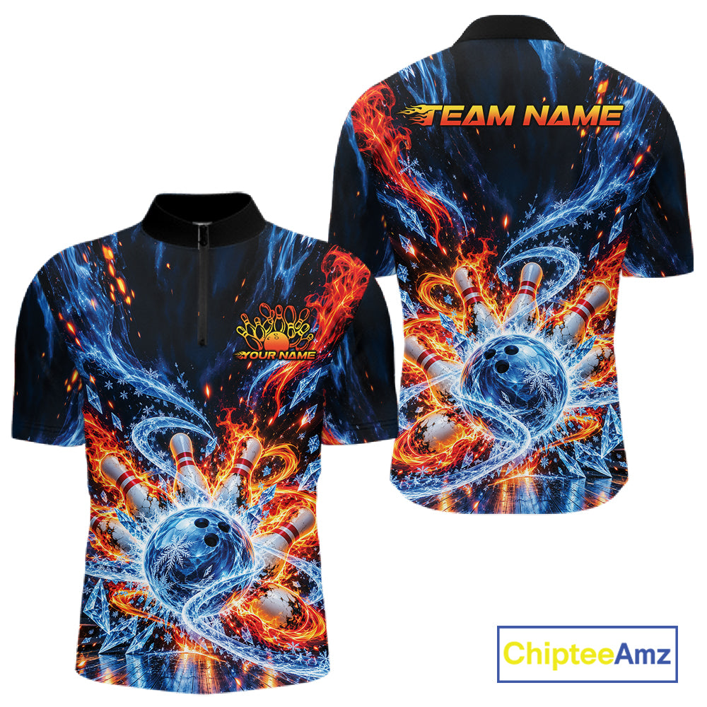 Custom Ice And Fire Bowling Men Quarter Zip Shirt, Bowling Team Tournament Outfit IPHW12836