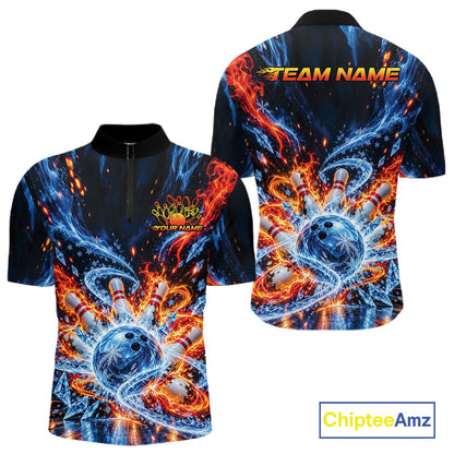 Custom Ice And Fire Bowling Men Quarter Zip Shirt, Bowling Team Tournament Outfit IPHW12836