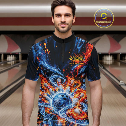 Custom Ice And Fire Bowling Men Quarter Zip Shirt, Bowling Team Tournament Outfit IPHW12836
