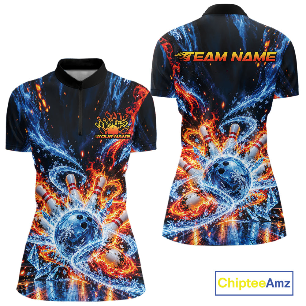 Custom Ice And Fire Bowling Women Quarter-Zip Shirt, Bowling Team Tournament Outfit IPHW12836