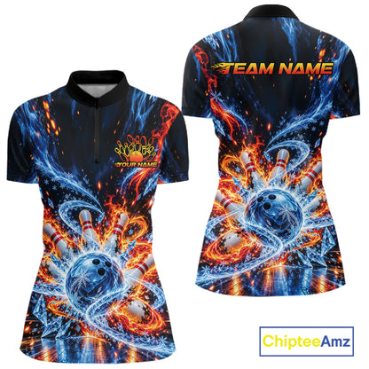 Custom Ice And Fire Bowling Women Quarter-Zip Shirt, Bowling Team Tournament Outfit IPHW12836
