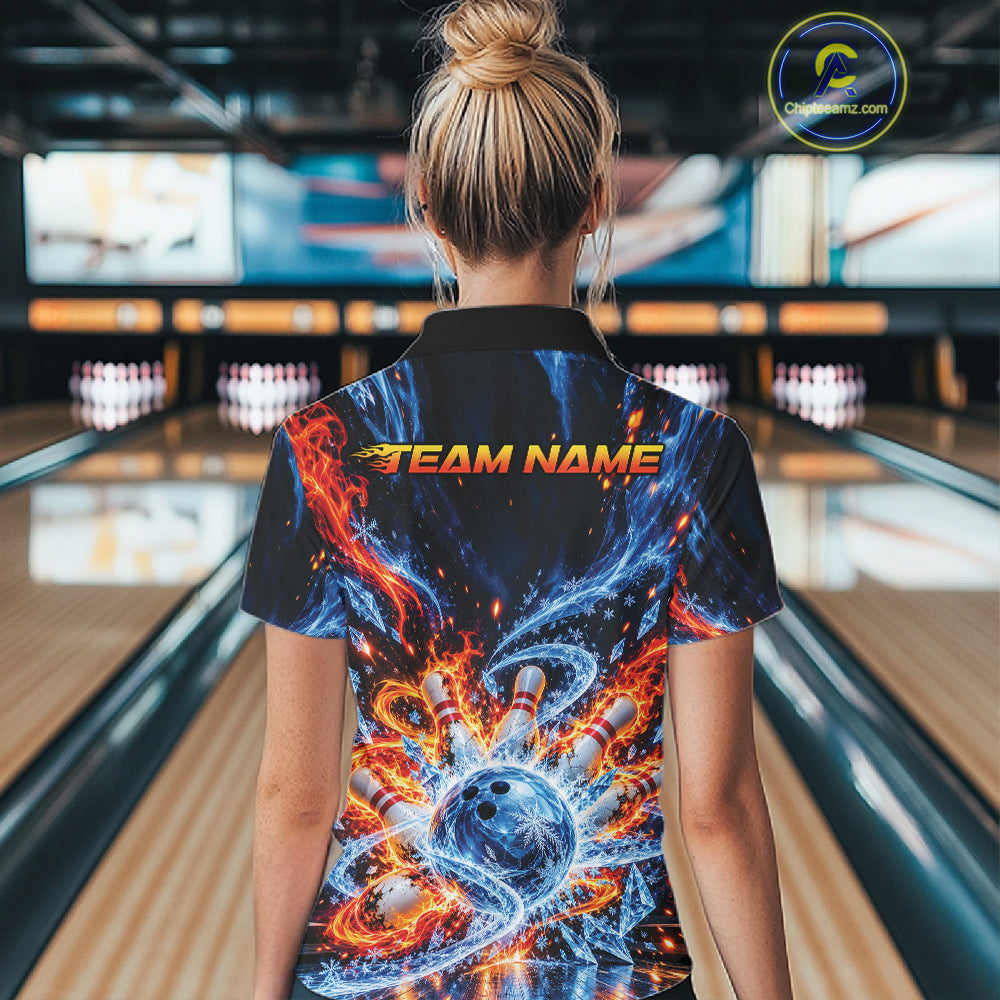 Custom Ice And Fire Bowling Women Quarter-Zip Shirt, Bowling Team Tournament Outfit IPHW12836