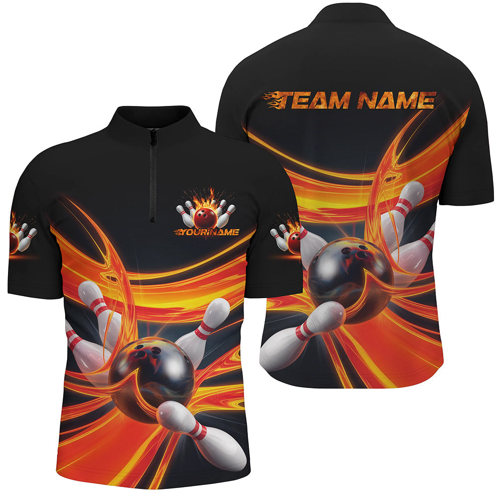 Customized Flame Bowling Quarter-Zip Shirts For Men, Flaming Bowling Team Shirt IPHW8045