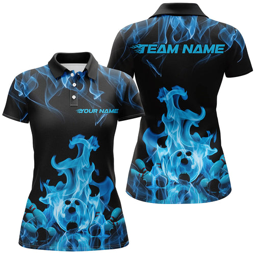 Custom Black And Blue Flame Bowling Polo Shirts For Women, Bowling Team Shirt Outfits IPHW8055