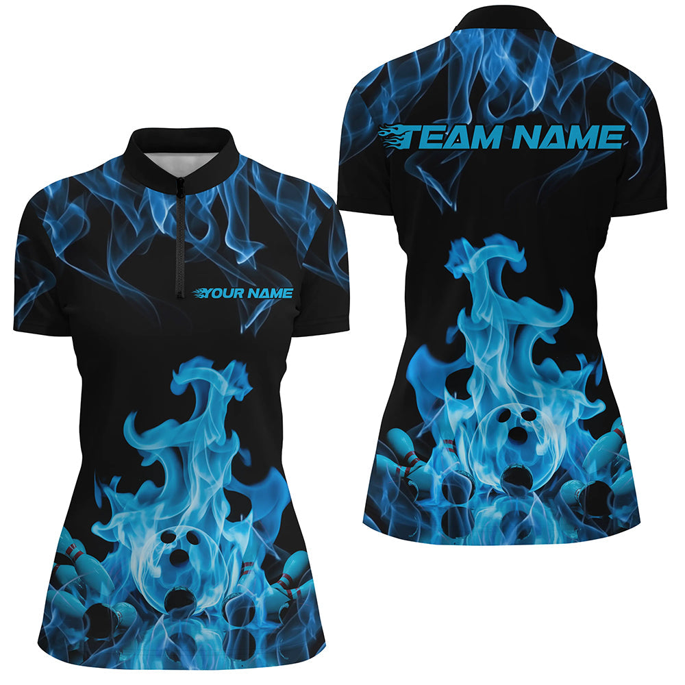 Custom Black And Blue Flame Bowling Quarter-Zip Shirts For Women, Bowling Team Shirt Outfit IPHW8055