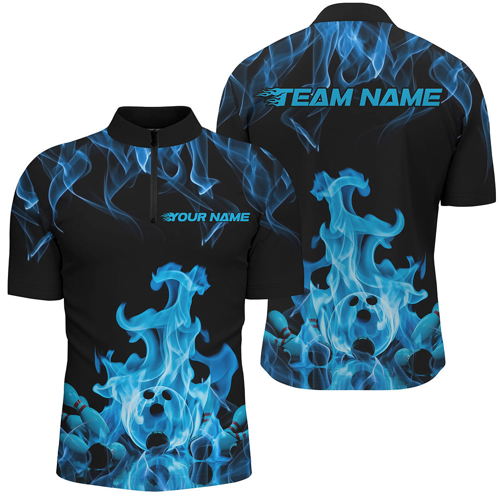 Custom Black And Blue Flame Bowling Quarter-Zip Shirts For Men, Bowling Team Shirt Outfits IPHW8055