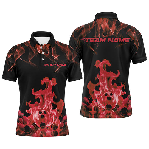 Custom Black And Red Flame Bowling Polo Shirts For Men, Bowling Team Shirt Outfits IPHW8056