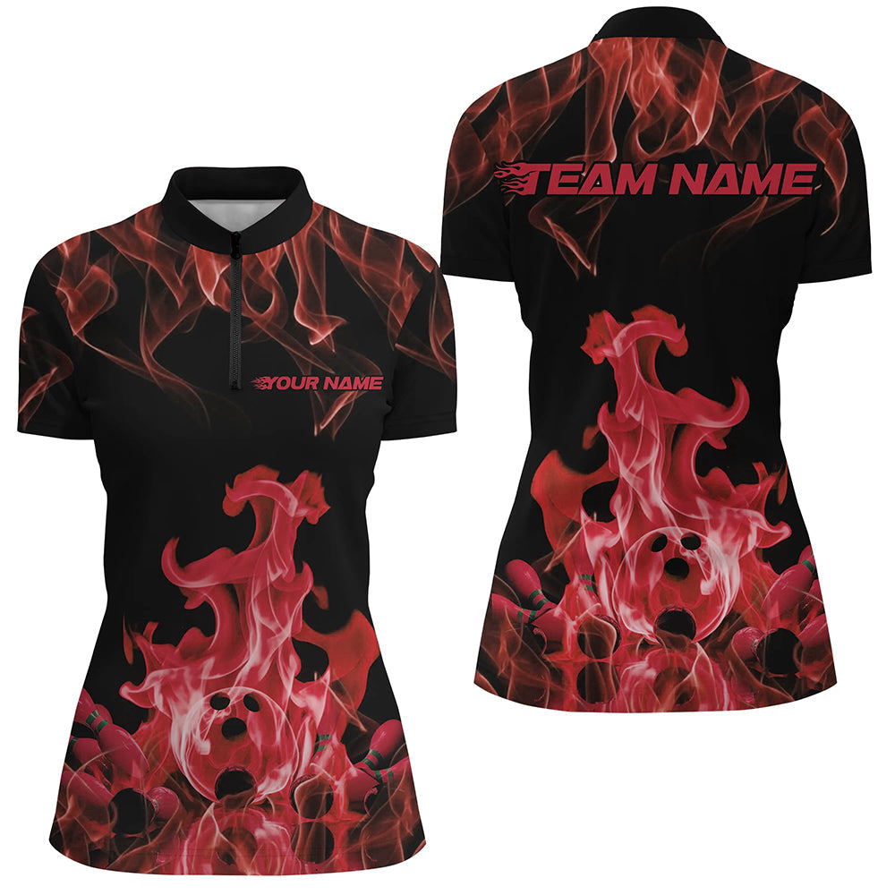 Custom Black And Red Flame Bowling Quarter-Zip Shirts For Women, Bowling Team Shirt Outfits IPHW8056