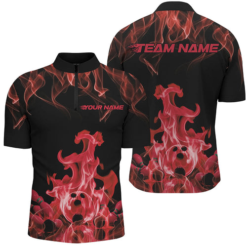 Custom Black And Red Flame Bowling Quarter-Zip Shirts For Men, Bowling Team Shirt Outfits IPHW8056