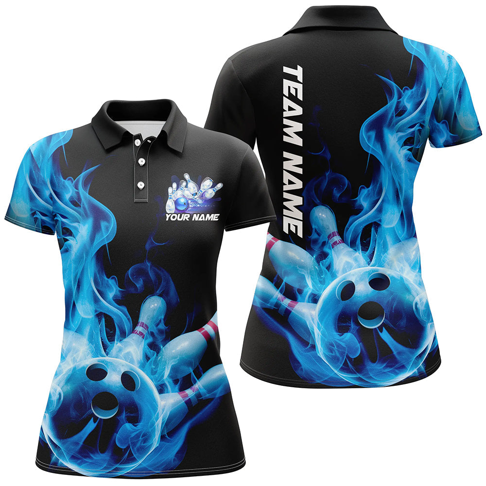 Custom Black And Blue Flame Bowling Polo Shirts For Women, Blue Fire Bowling Team Shirt IPHW8057
