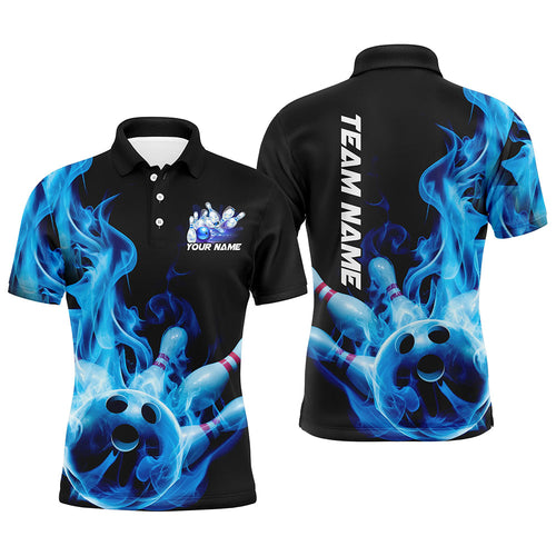 Custom Black And Blue Flame Bowling Polo Shirts For Men, Blue Fire Bowling Team Shirt IPHW8057