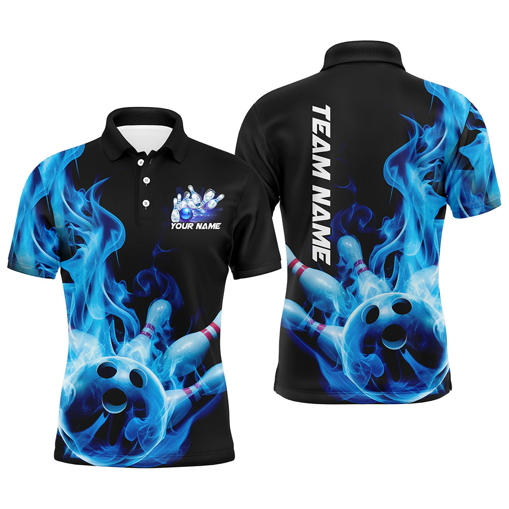 Custom Black And Blue Flame Bowling Polo Shirts For Men, Blue Fire Bowling Team Shirt IPHW8057