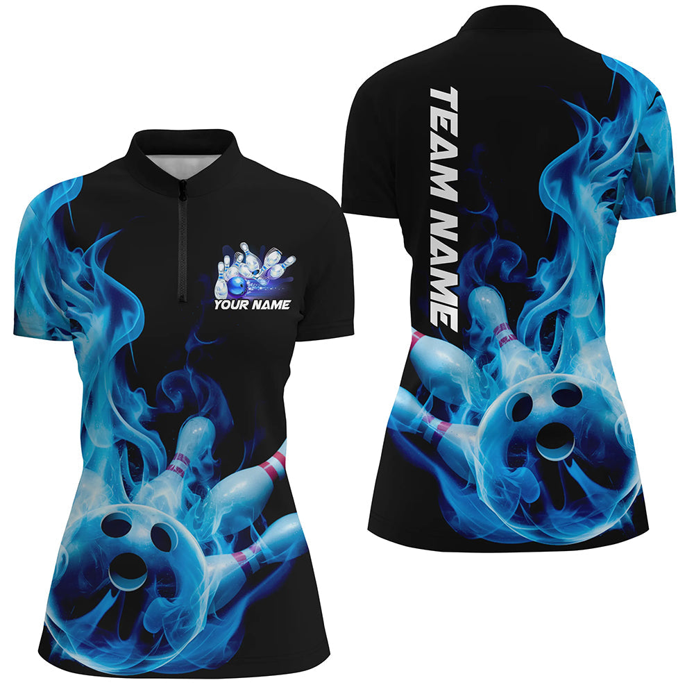 Custom Black And Blue Flame Ladies Bowling Quarter-Zip Shirts, Blue Fire Bowling Team Shirt IPHW8057