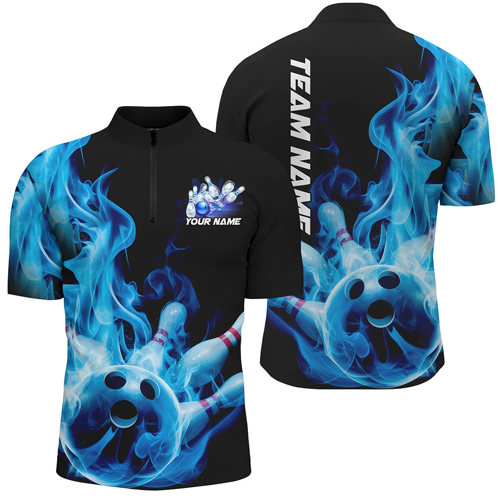 Custom Black And Blue Flame Bowling Quarter-Zip Shirts For Men, Blue Fire Bowling Team Shirt IPHW8057