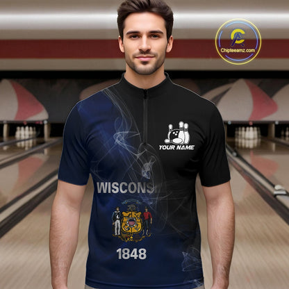 Custom Smoke Wisconsin Flag Bowling Men Team Shirts, Patriotic Wisconsin Bowling Jerseys IPHW10628