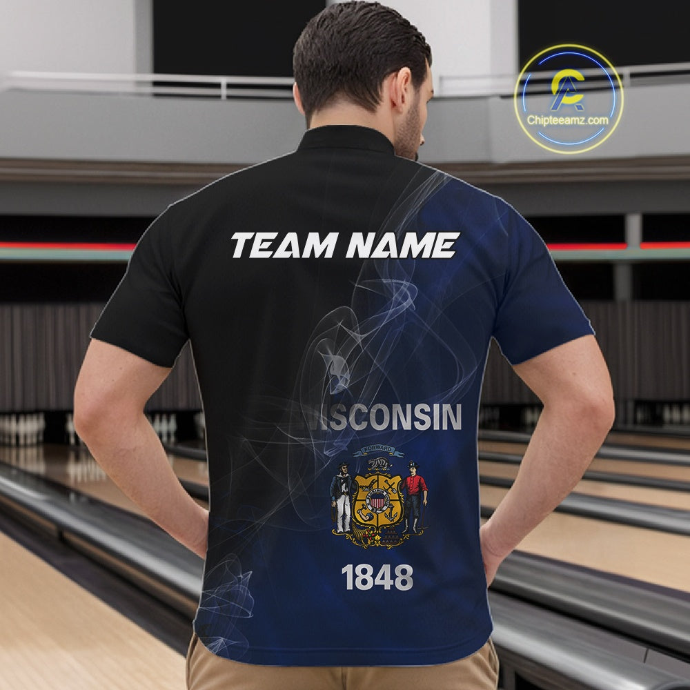 Custom Smoke Wisconsin Flag Bowling Men Team Shirts, Patriotic Wisconsin Bowling Jerseys IPHW10628