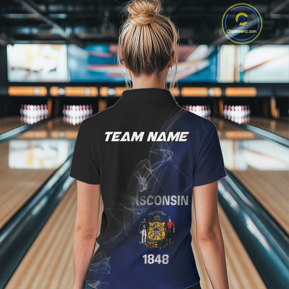 Custom Smoke Wisconsin Flag Bowling Women Team Shirts, Patriotic Bowling Jerseys IPHW10628