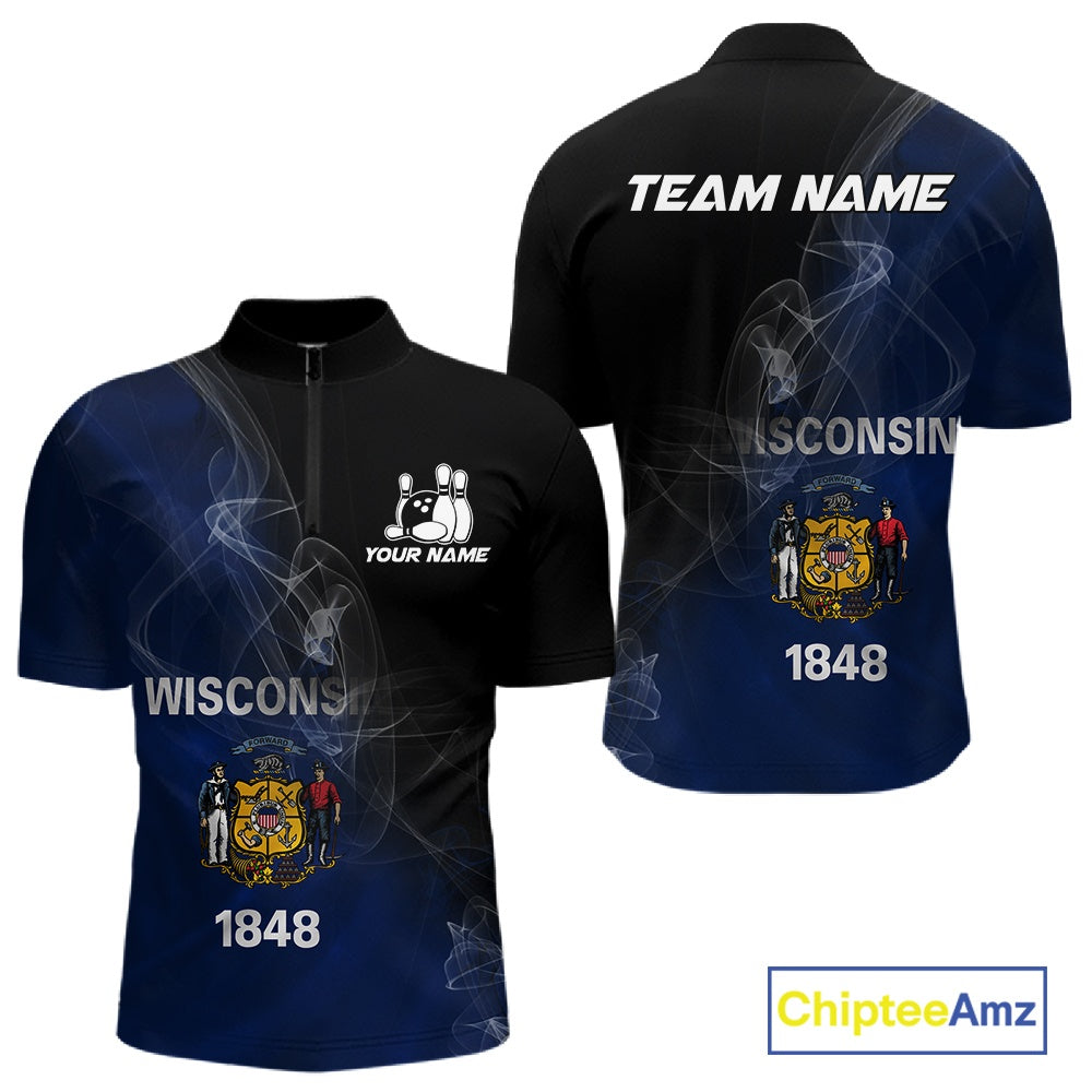Custom Smoke Wisconsin Flag Bowling Men Team Shirts, Patriotic Wisconsin Bowling Jerseys IPHW10628