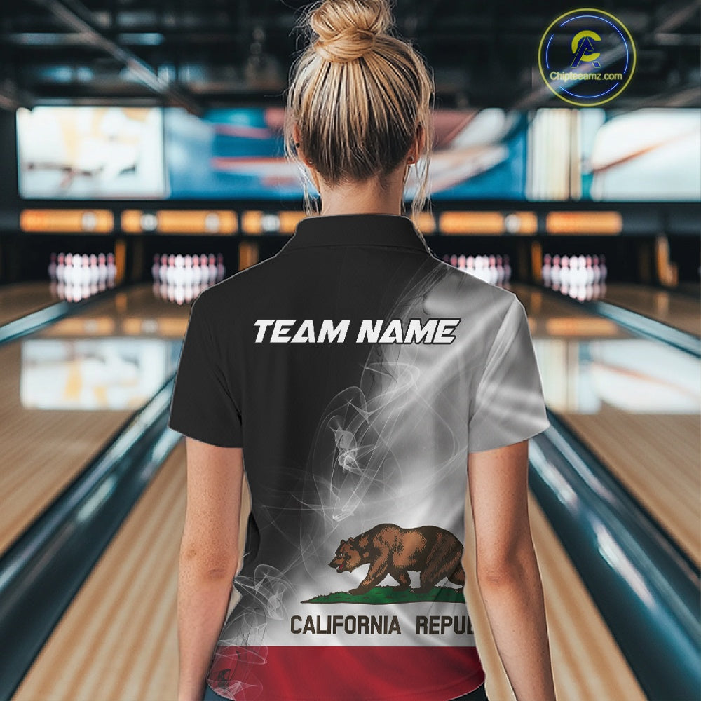 Custom Smoke California Flag Bowling Women Team Shirts, Patriotic Bowling Jerseys IPHW10629